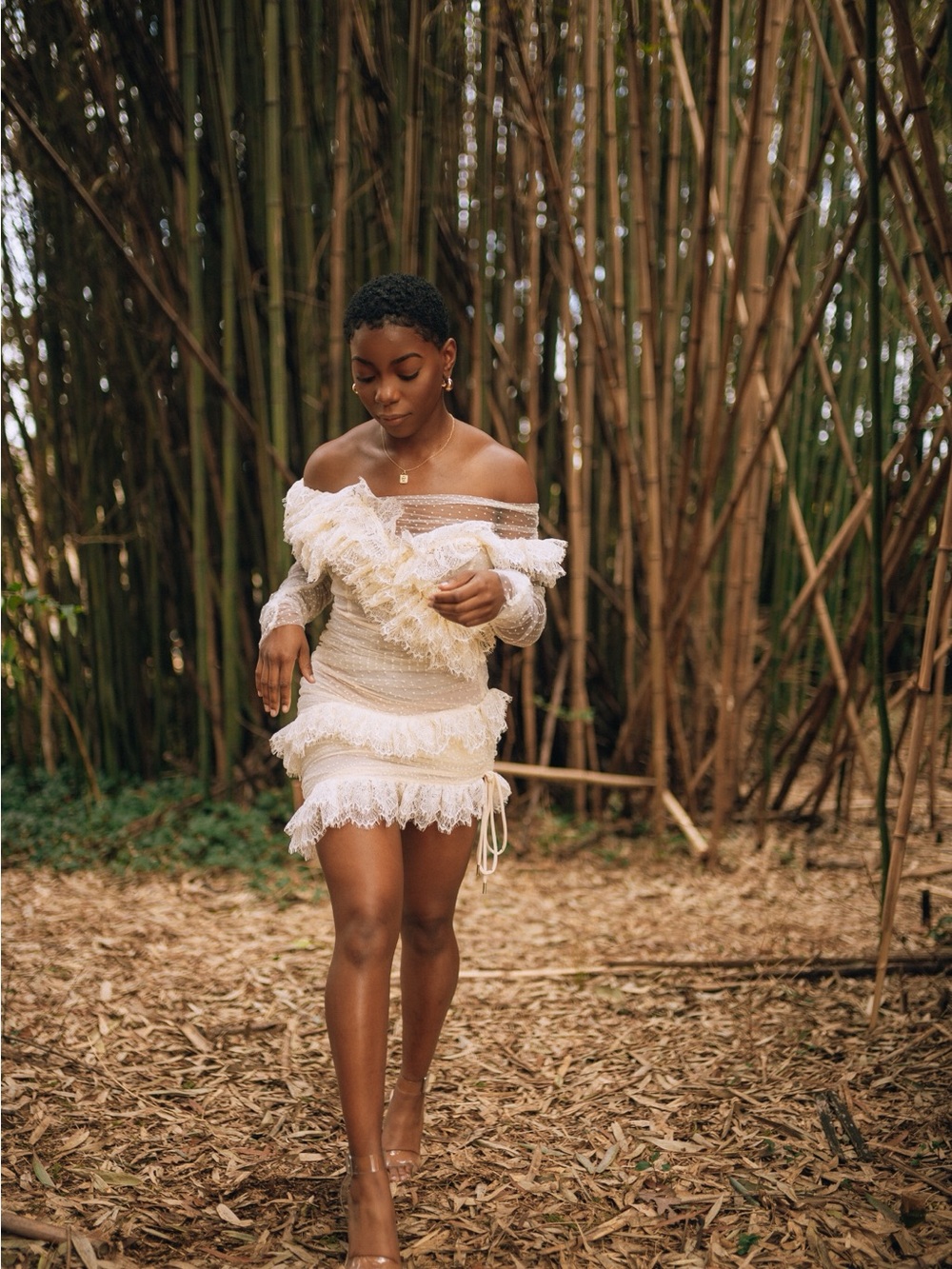 House of CB Ivory Off-Shoulder Lace Fringe Mini Dress